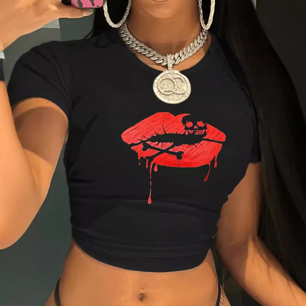 Damen Crop-T-Shirt mit kreativem Lippenmotiv und figurbetontem Schnitt Drune