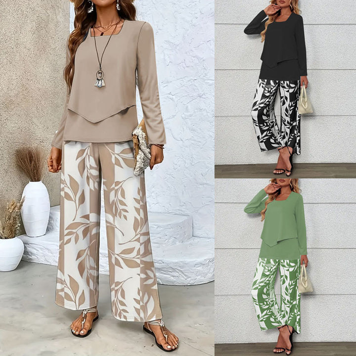 Damen Zweiteiliges Lounge-Set mit überlappendem Longsleeve und weiten Palazzo‑Hosen Drune