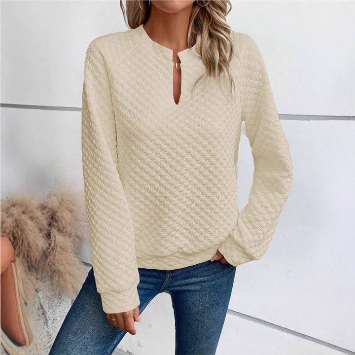 Damen Gestepptes Sweatshirt mit Schlitzkragen, Rautenstruktur und Raglanärmeln Drune