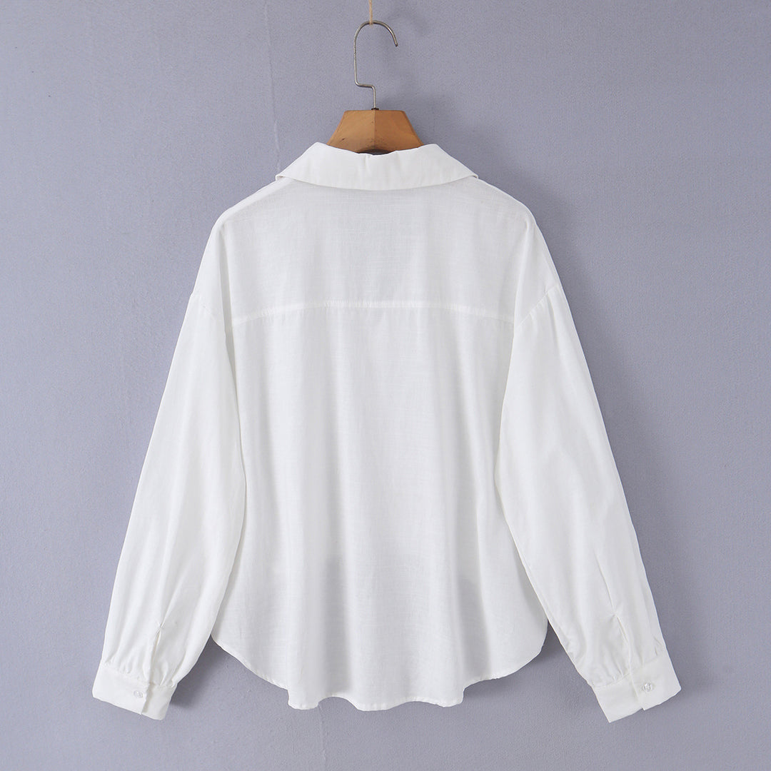 Damen nan lockere Baumwollbluse mit V-Ausschnitt, Hemdkragen und gerafftem Zipfelsaum Drune
