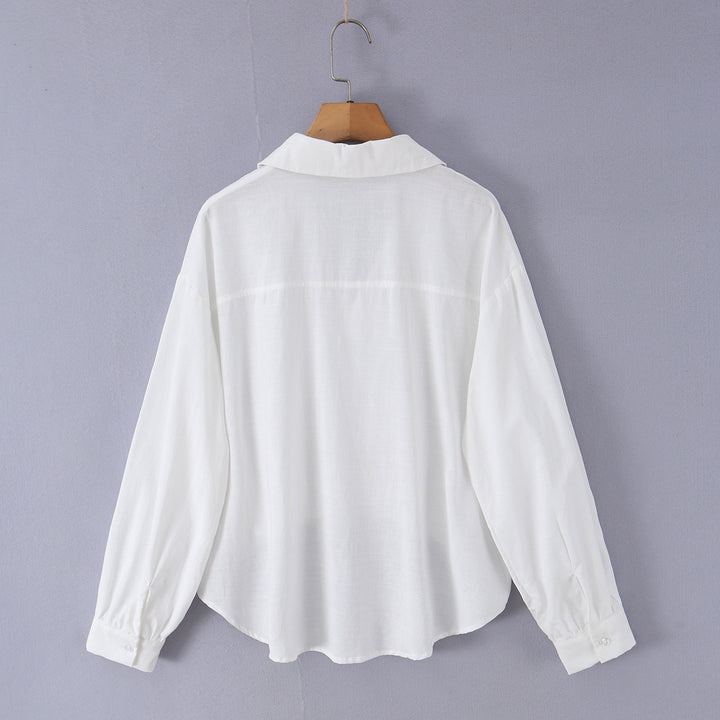 Damen nan lockere Baumwollbluse mit V-Ausschnitt, Hemdkragen und gerafftem Zipfelsaum Drune