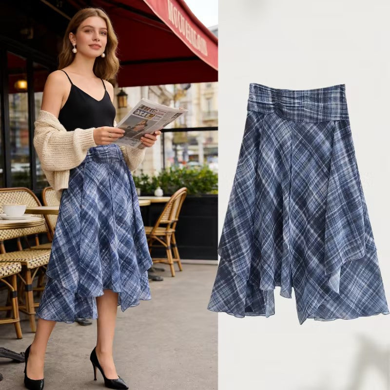Damen Asymmetrischer mehrlagiger Midirock aus Chiffon mit weitem Taillenbündchen und Karomitternung Drune