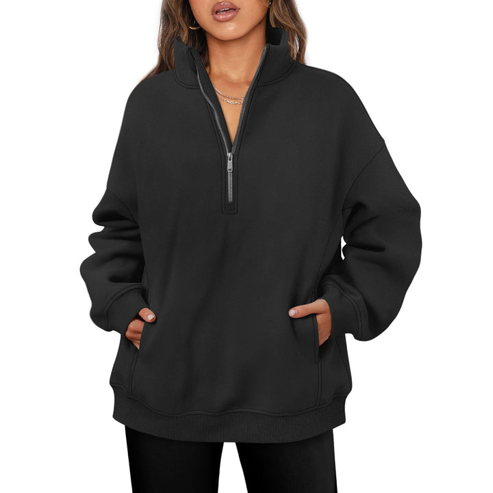 Damen nan oversized Halbzip-Pullover mit Stehkragen, Kängurutasche und Rippbündchen Drune