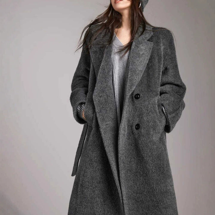 Damen Modischer und eleganter Bouclé-Mantel mit doppelter Knopfleiste Drune