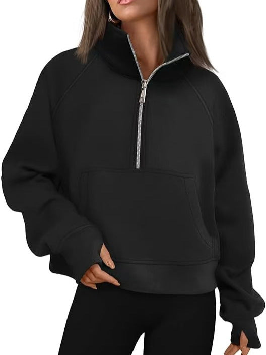 Damen nan oversized Halbzip Pullover mit Kängurutasche, Daumenlöchern und hohem Kragen Drune