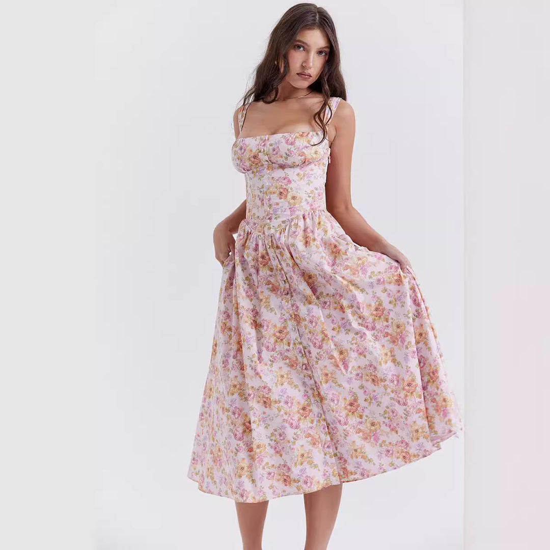 Damen Sommerliches Maxikleid mit floralen Einsätzen und tailliertem Oberteil Drune