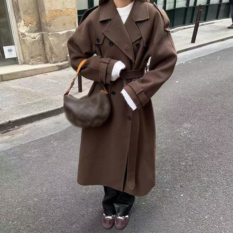 Damen Eleganter Long-Trenchcoat mit strukturiertem Stehkragen Drune