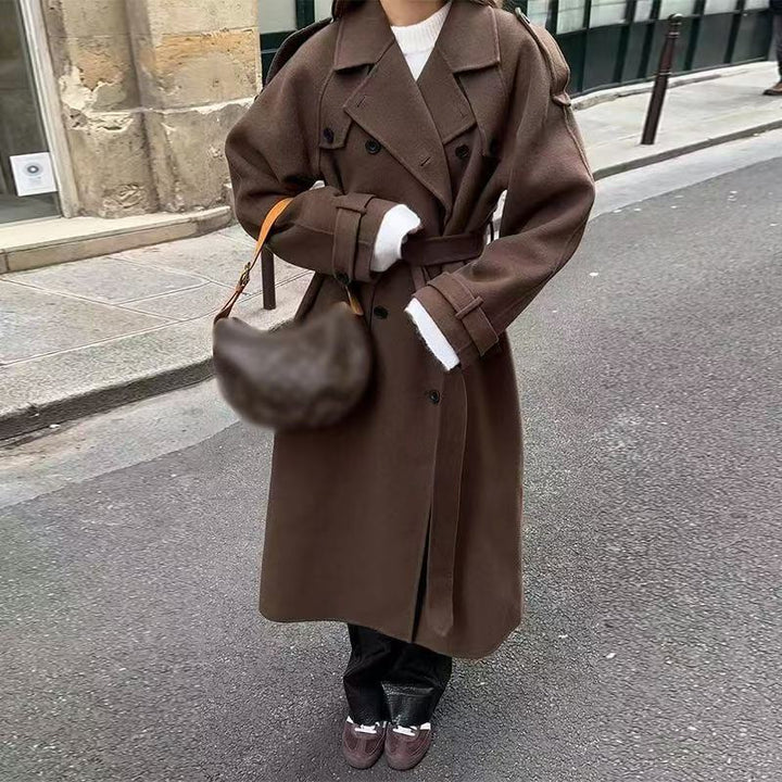 Damen Eleganter Long-Trenchcoat mit strukturiertem Stehkragen Drune