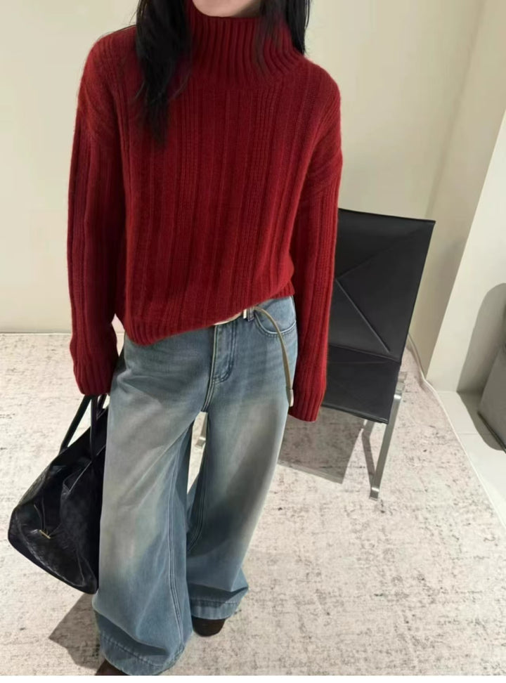 Damen lässiger Rollkragenpullover mit feinem Rippenmuster Drune