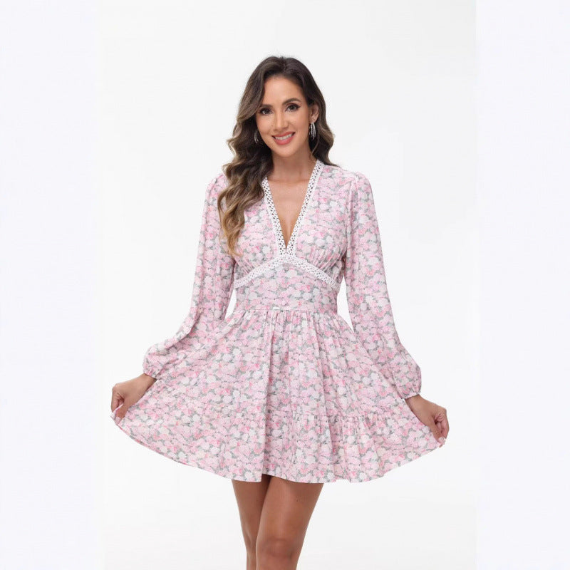 Damen Boho-florales Minikleid mit V-Ausschnitt und Puffärmeln Drune