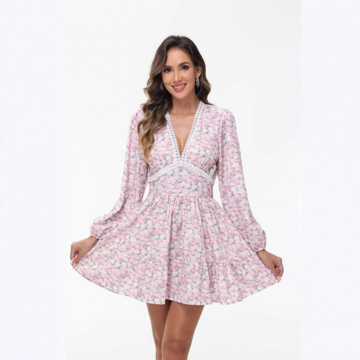 Damen Boho-florales Minikleid mit V-Ausschnitt und Puffärmeln Drune