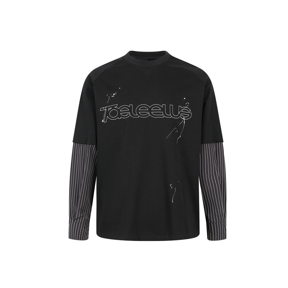 Unisex Lagen-Langarmshirt mit Halbarm-Overlay, gestreiften Einsatzärmeln und Ton-in-Ton-Logo Drune