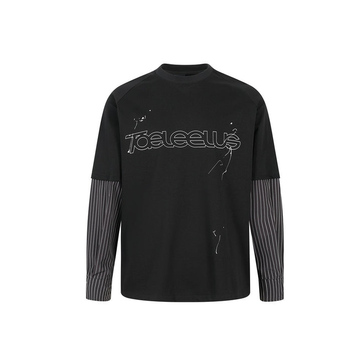 Unisex Lagen-Langarmshirt mit Halbarm-Overlay, gestreiften Einsatzärmeln und Ton-in-Ton-Logo Drune