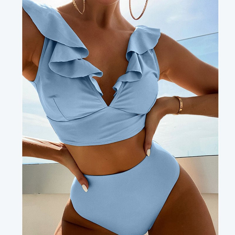 Damen Bikini mit elegantem Rüschendesign und hoch geschnittenem Höschen Drune