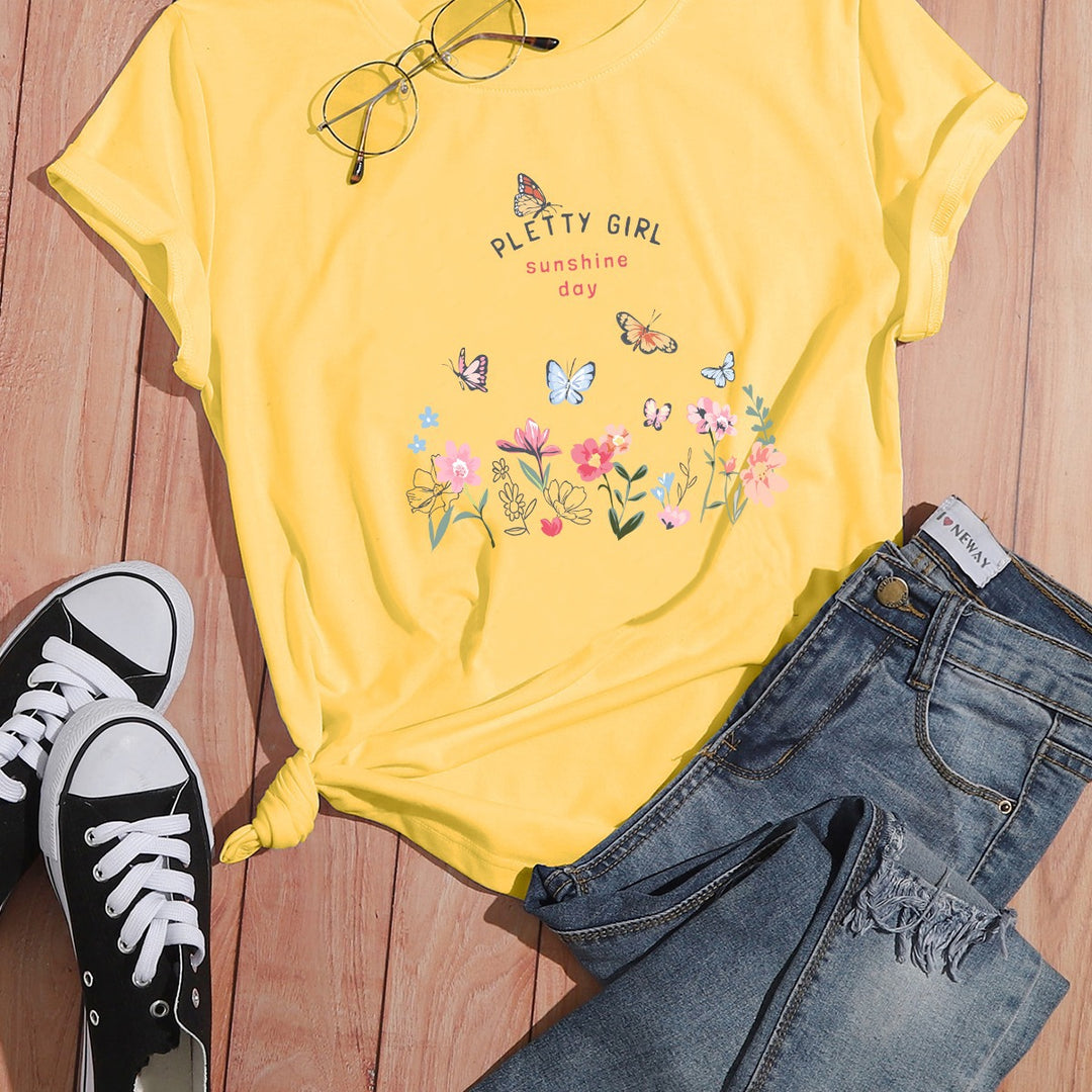 Damen T-Shirt mit verspieltem Blumendruck und elegantem Aufdruck Drune