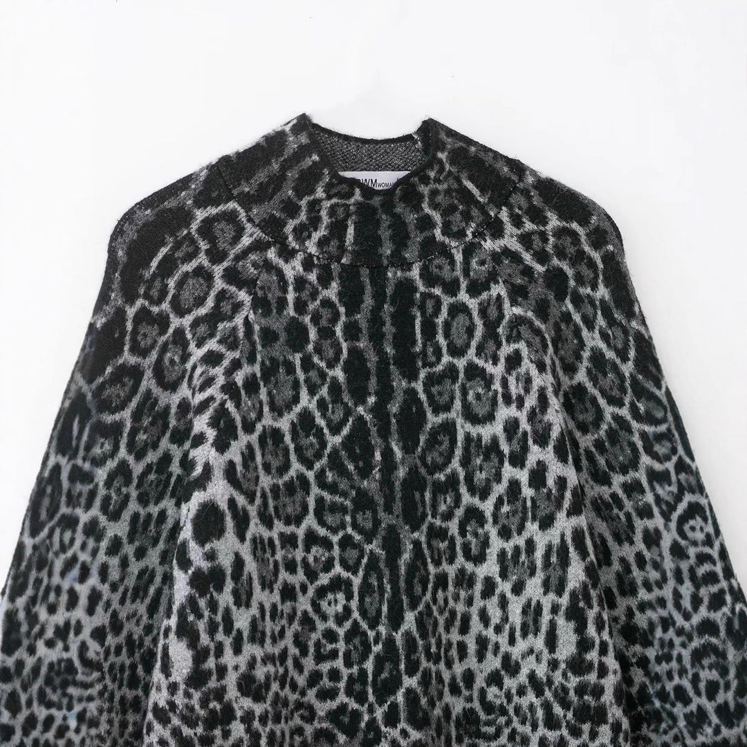 Damen nan Oversize-Poncho mit Leopardenjacquard, strukturierter Rollkragen und ausgestellter A-Linien-Silhouette Drune