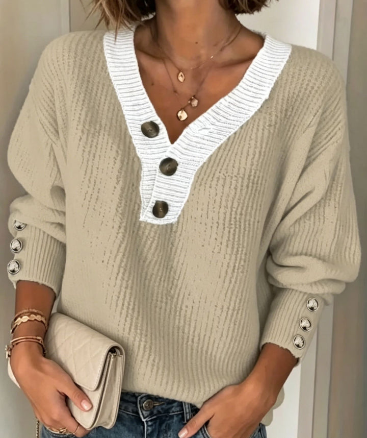 Damen Feinstrickpullover mit tiefem V-Ausschnitt, kontrastierter Knopfleiste und Zierknopf-Ärmeln Drune