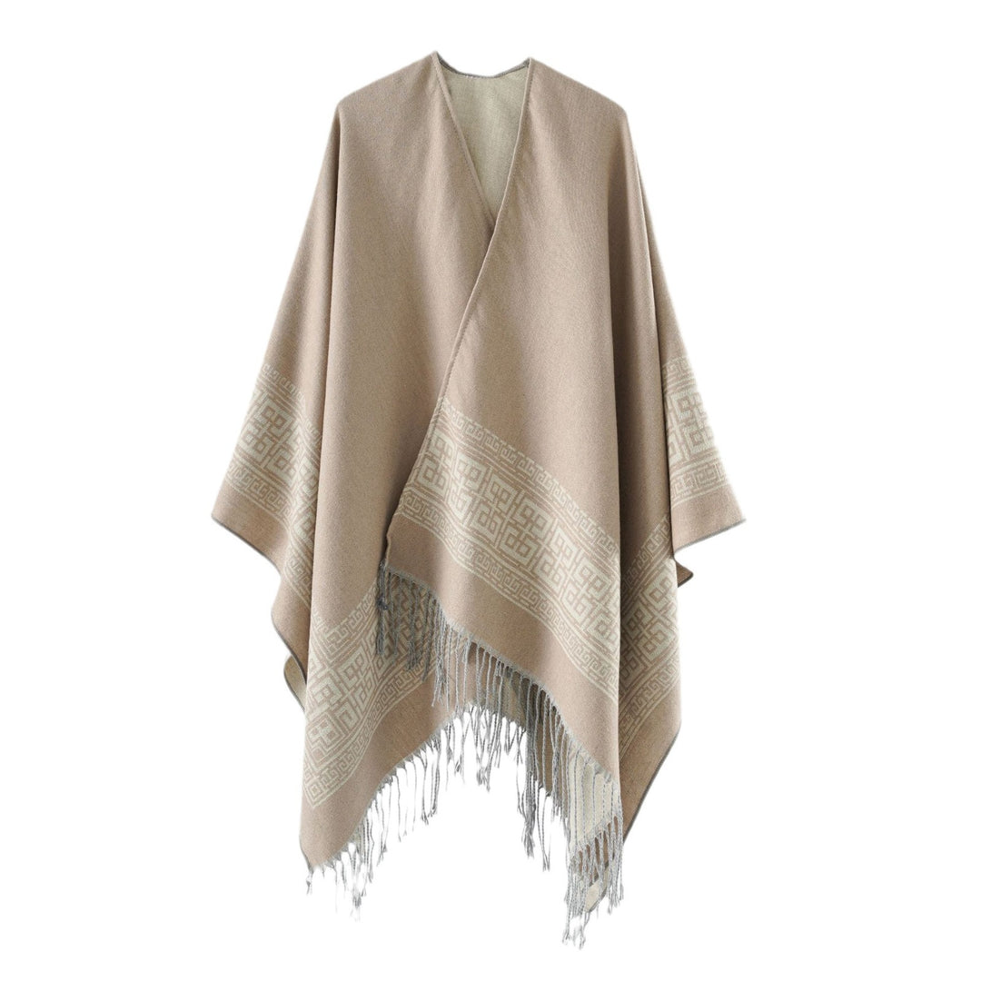 Damen Reversibler Wollmix‑Überwurf im Kimono‑Fall mit ornamentaler Bordüre und Zierfransen Drune