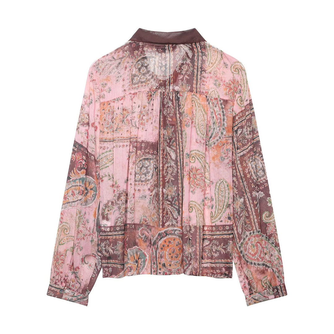 Damen Chiffonbluse im Paisley-Print mit Schleifenkragen und Rüschenfront Drune
