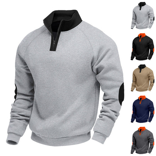 Herren modischer Sweatpullover mit halbem Reißverschluss und kontrastierenden Ellenbogenpatches Drune