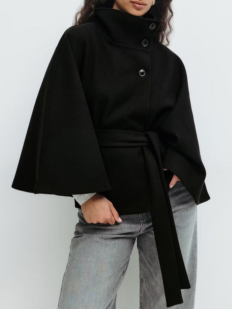 Damen elegante Umhangjacke mit hochgeschlossenem Stehkragen und schickem Gürtel Drune