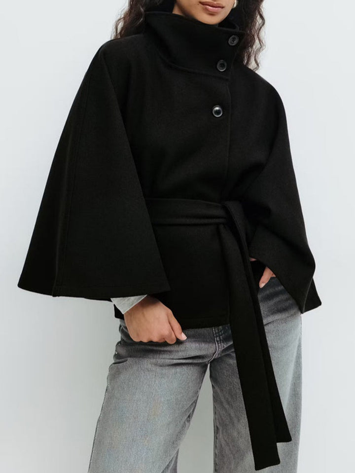 Damen elegante Umhangjacke mit hochgeschlossenem Stehkragen und schickem Gürtel Drune