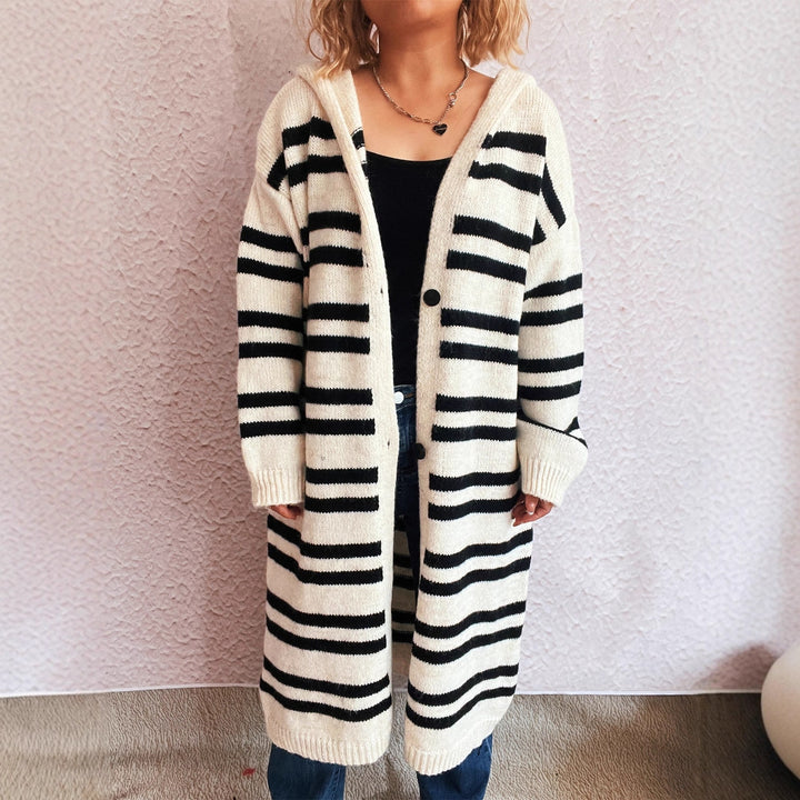 Damen gemütlicher Strickcardigan mit modischem Streifenmuster und Kapuze Drune