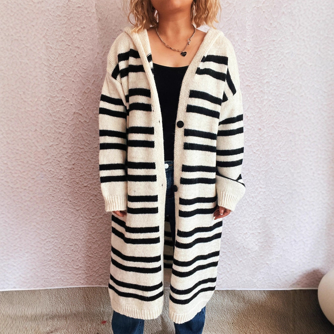 Damen gemütlicher Strickcardigan mit hochgeschlossenem Kragen und modischem Streifenmuster Drune
