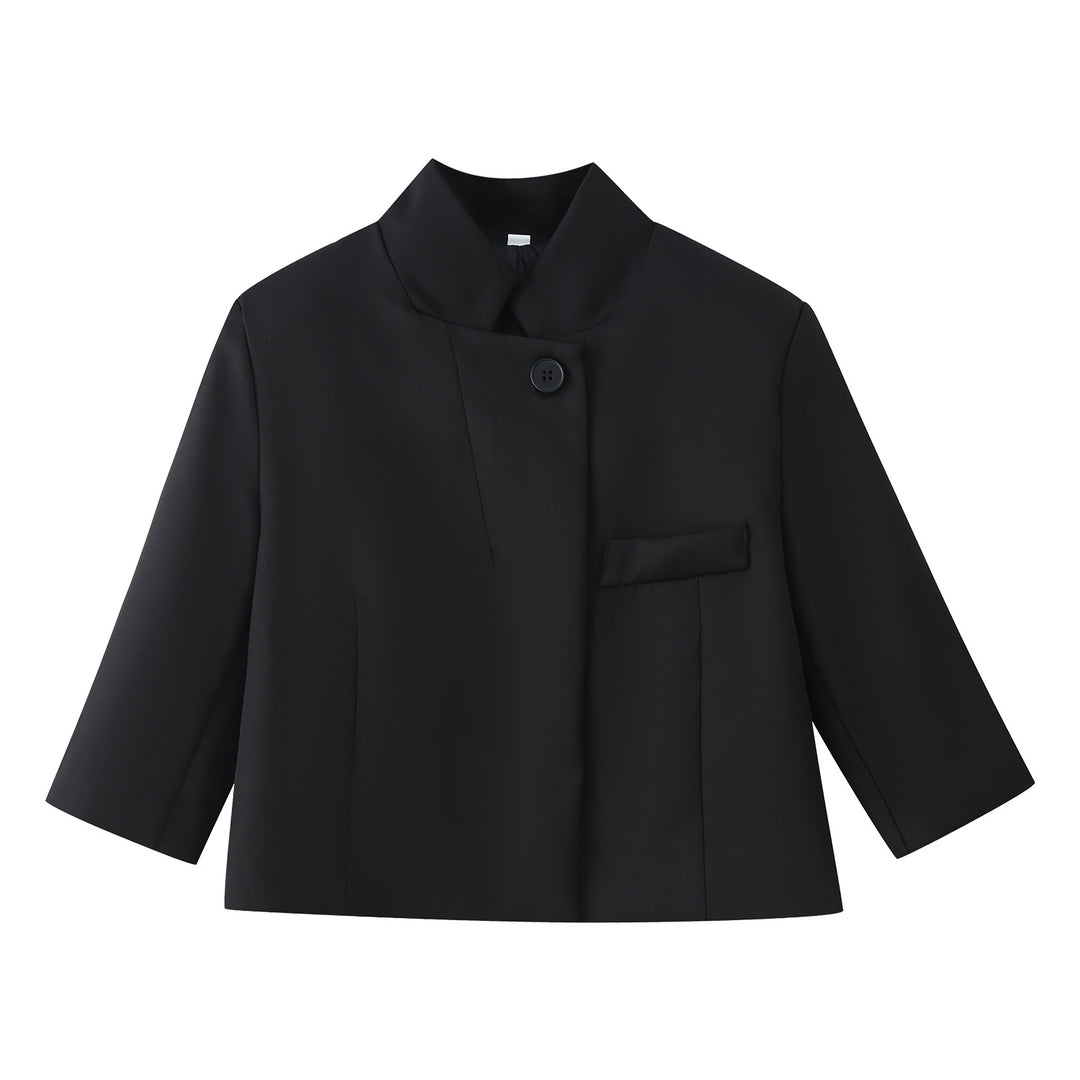Damen Kurzblazer mit Stehkragen, kastiger Cropped‑Silhouette und Ein‑Knopf‑Verschluss Drune