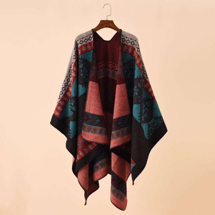 Damen Jacquard-Poncho-Cape mit Ethno-Muster und Wollmix Drune