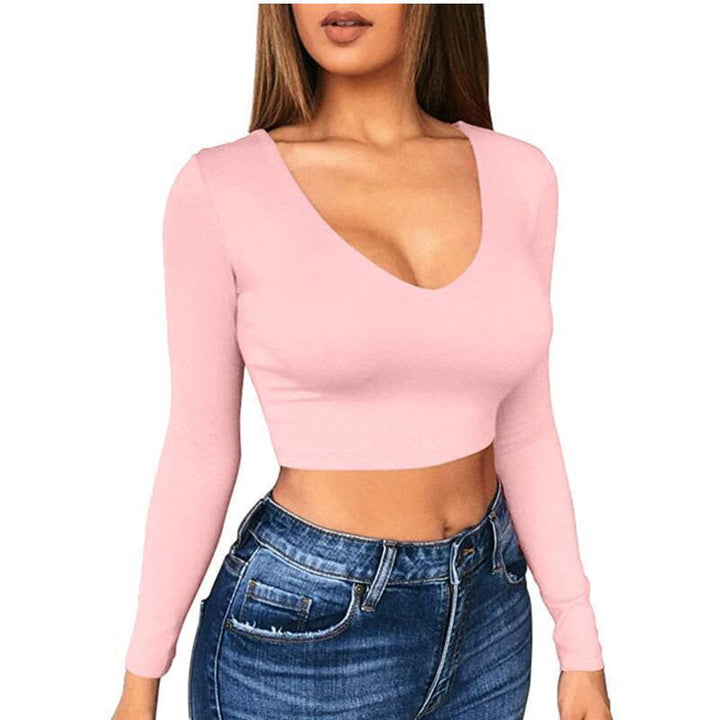 Damen modisches Crop-Top mit tiefem V-Ausschnitt und langen Ärmeln Drune