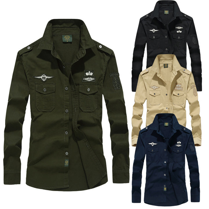 Herren nan militärisch inspiriertes Langarm-Utility-Hemd mit Schulterklappen, aufgesetzten Brusttaschen und Abzeichen Drune