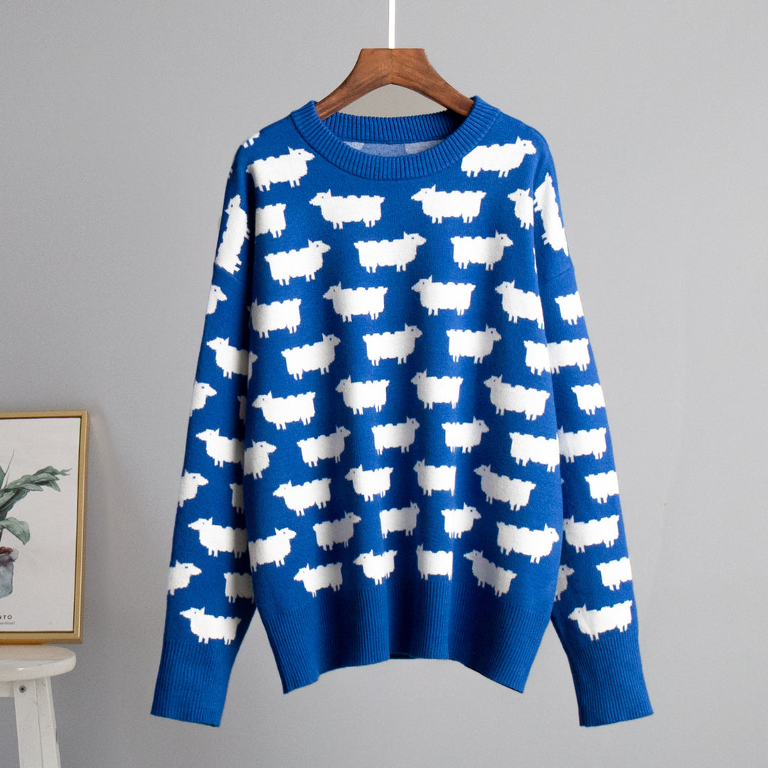 Damen Gemusterter Strickpullover mit Schafmotiven Drune