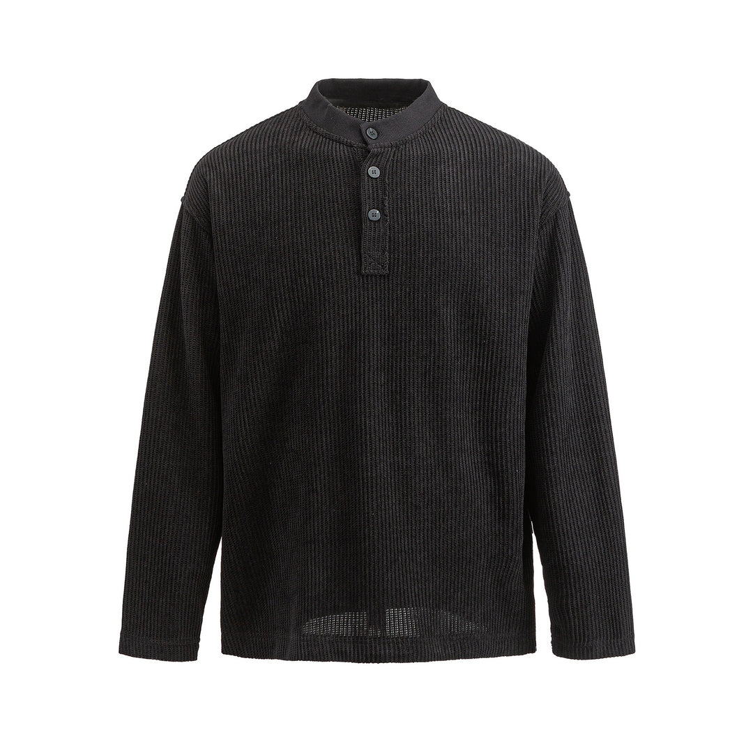 Herren Waffelstrick-Henley mit Stehkragen und dreifacher Knopfleiste Drune