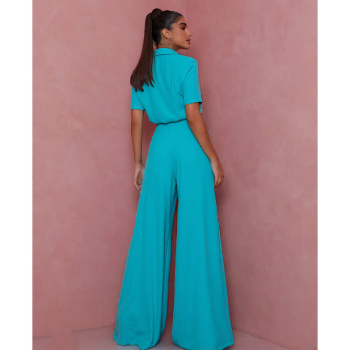 Damen Elegantes Kurzarm-Blusen und Palazzo-Hosen-Ensemble Drune