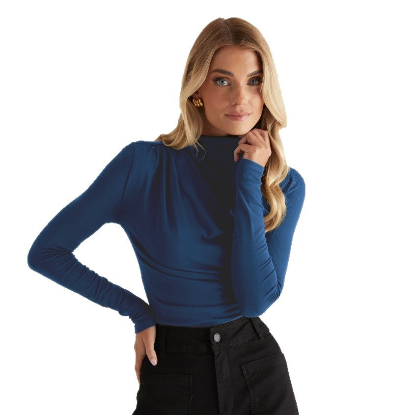 Damen Langarmshirt mit elegantem Wickeldesign und hochgeschlossenem Kragen Drune