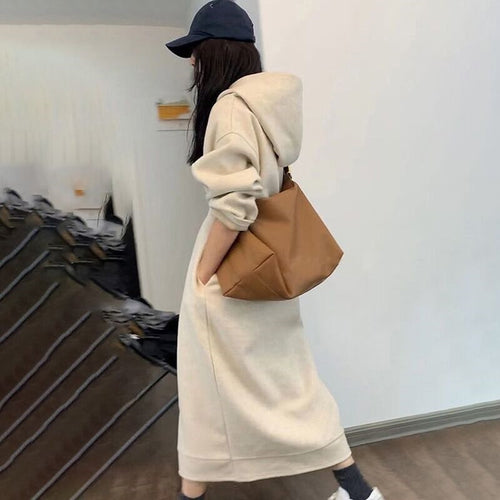 Damen Langes Oversize-Kapuzen-Sweatkleid mit Eingrifftaschen und legerer Maxi-Silhouette Drune