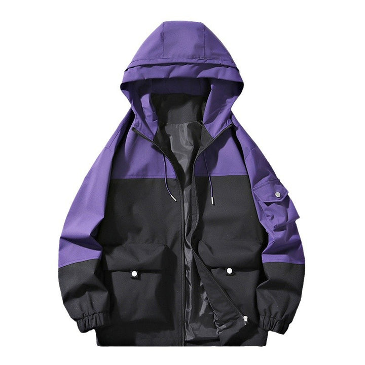 Unisex Leichte Kapuzen-Windjacke im Colorblock-Utility-Stil mit Großtaschen und Kordelzug Drune
