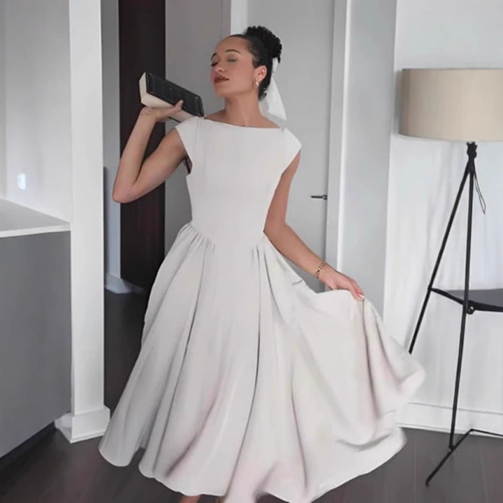 Damen A-Linien Maxikleid mit elegantem Rundhalsausschnitt und fließendem Rock Drune