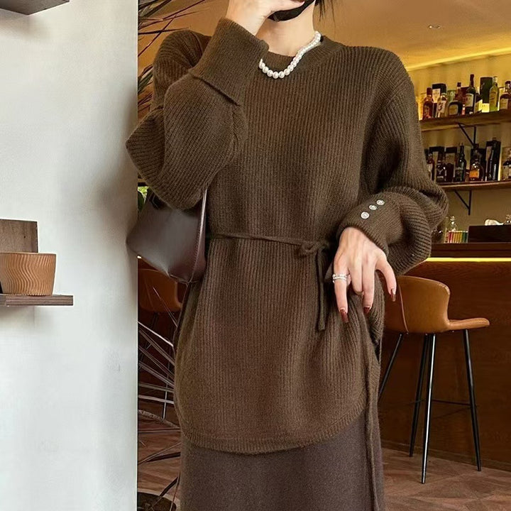 Damen lockerer Strickpulli mit Taillenschnürung und lässigem Schnitt Drune