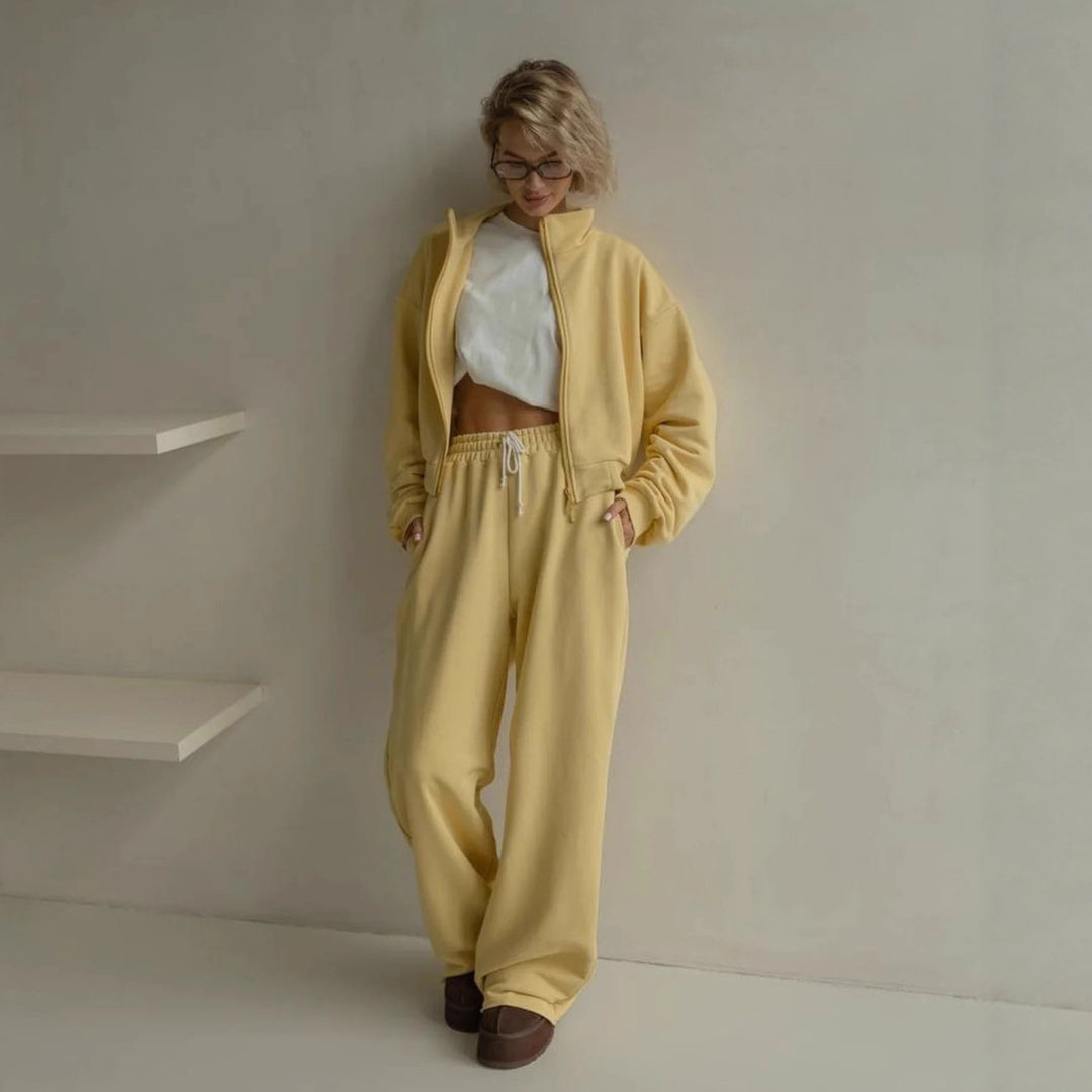 Damen lässiger Freizeitanzug mit cropped Jacke und bequemen Weitbeinen Drune