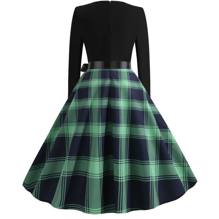 Damen Retro‑Swingkleid mit gezacktem Herzausschnitt, tailliertem Langarmoberteil und karierter Tellerrock Drune