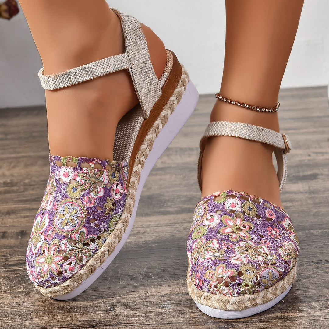 Damen elegante Espadrilles mit handgefertigtem Häkel-Design und verstellbarem Knöchelriemen Drune