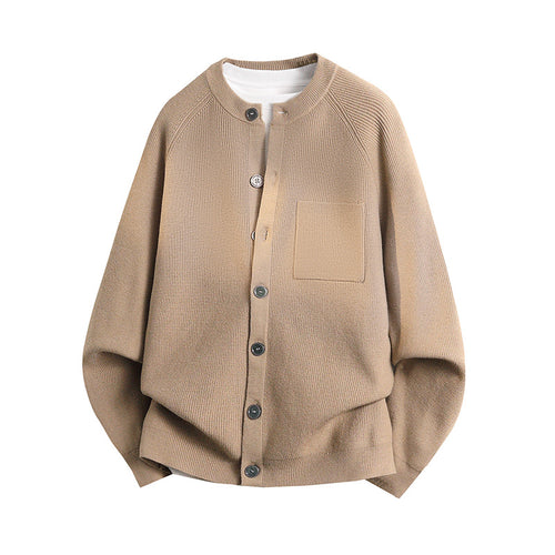 Unisex Leichter Feinstrick-Cardigan mit Rundhalsausschnitt, Brusttasche und Raglanärmeln Drune