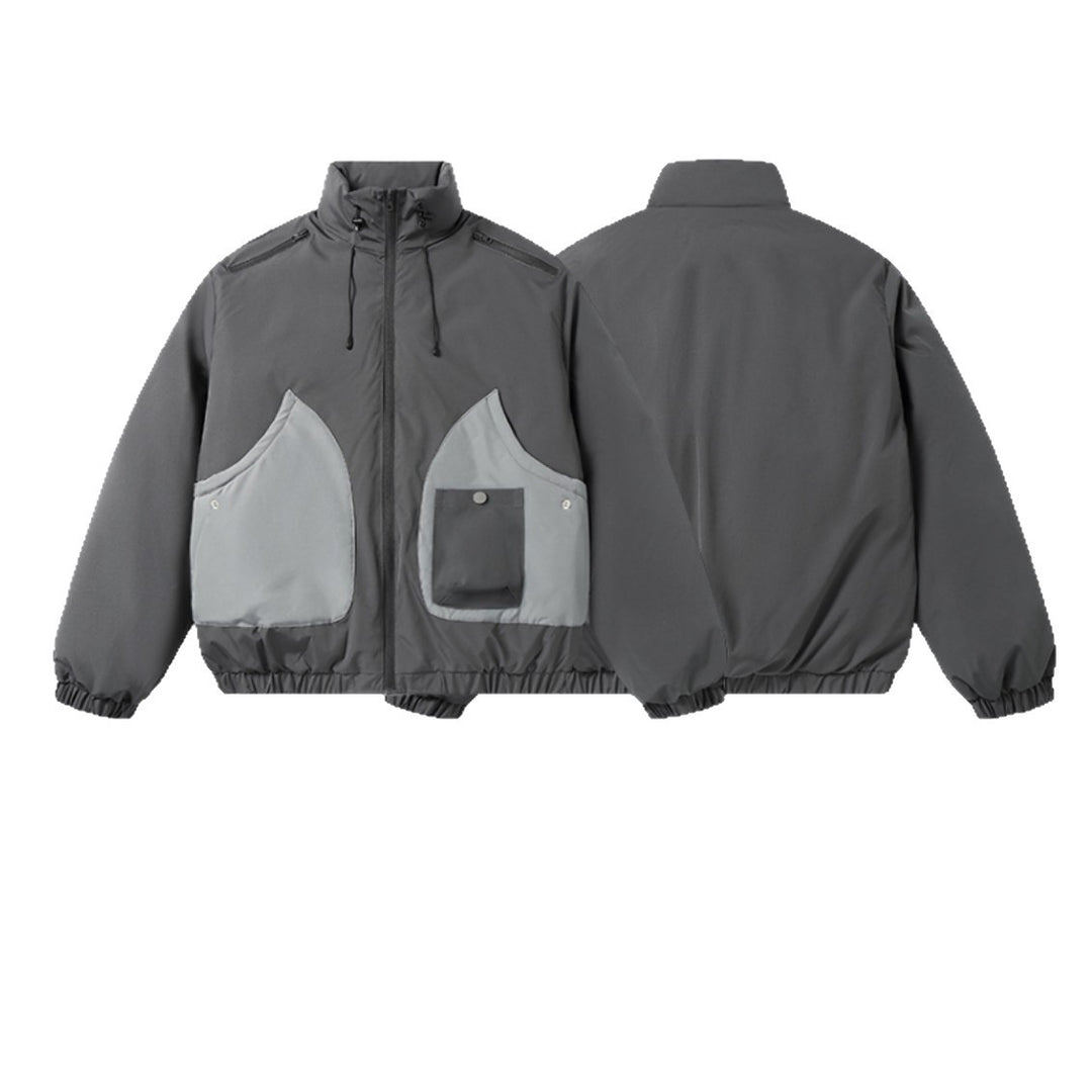 Herren Kurz geschnittene zweifarbige Utility-Transition-Jacke mit hohem Stehkragen und großen Fronttaschen Drune