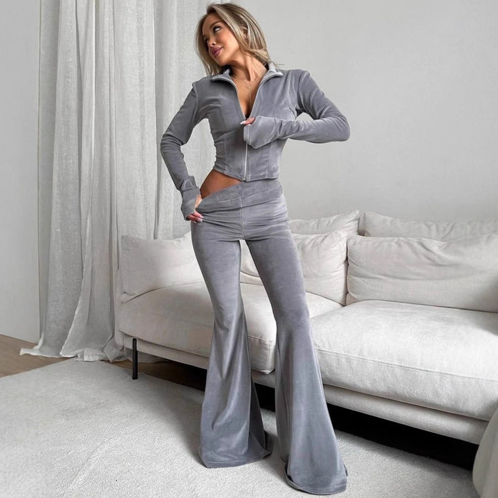 Damen Fleece-Jogginganzug mit elegantem Reißverschluss und ausgestellten Beinen Drune
