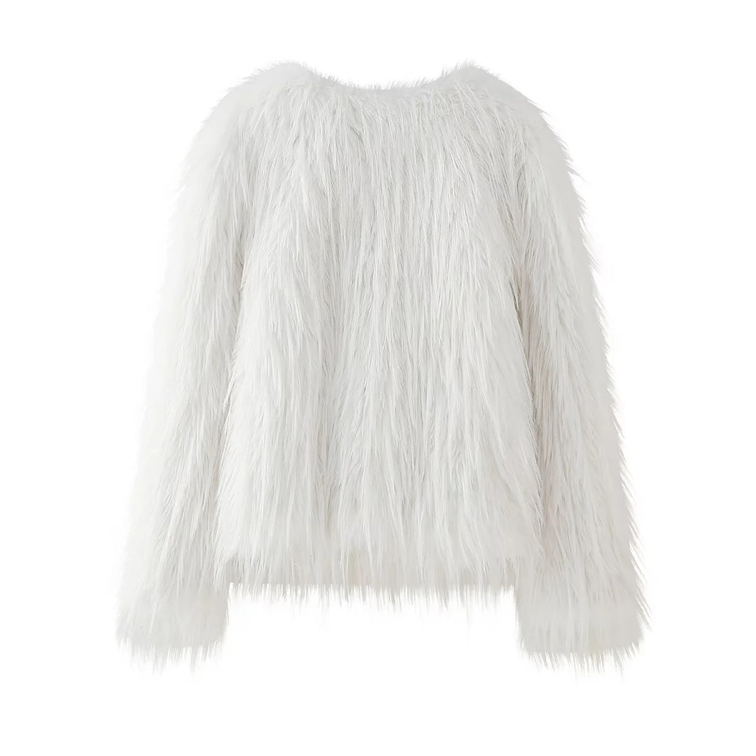 Damen nan kurze Eco-Kunstpelzjacke mit langfaseriger Flokati‑Optik, Rundhalsausschnitt und nahtverdecktem Innenfutter Drune