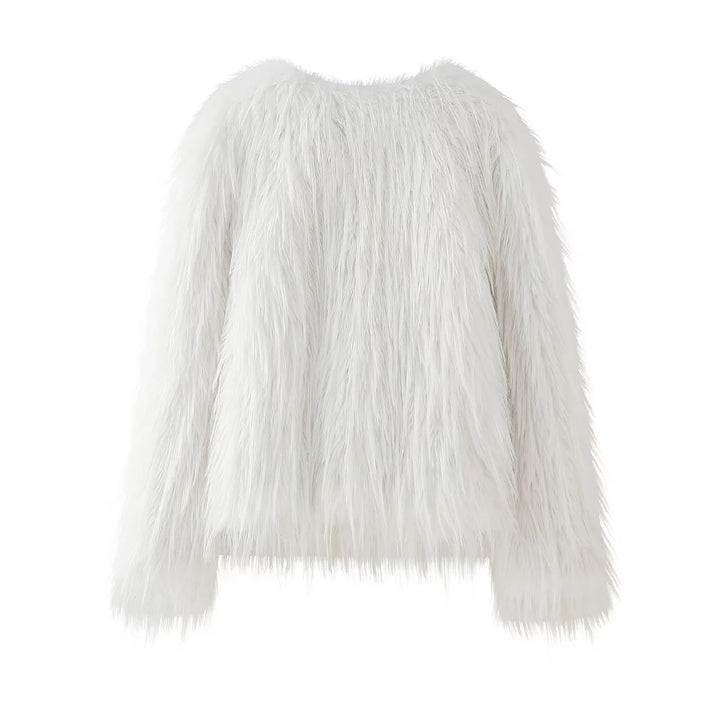 Damen nan kurze Eco-Kunstpelzjacke mit langfaseriger Flokati‑Optik, Rundhalsausschnitt und nahtverdecktem Innenfutter Drune