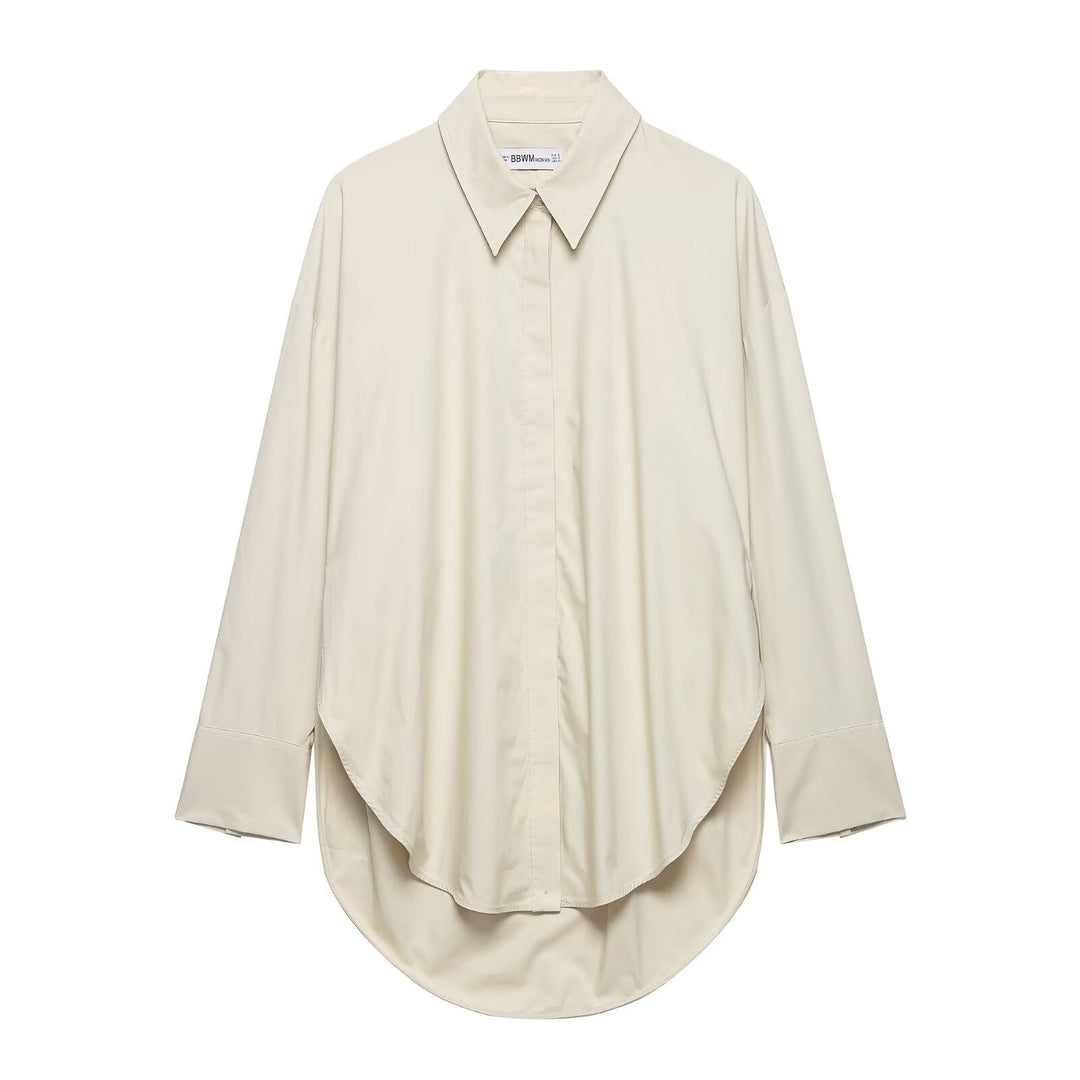Damen Oversize-Hemd mit verlängertem Rundsaum und verdeckter Knopfleiste Drune