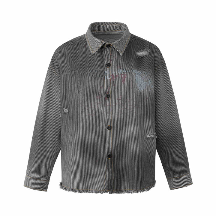 Damen Overshirt-Jacke aus gestreiftem Denim mit Fransen und Used-Details Drune